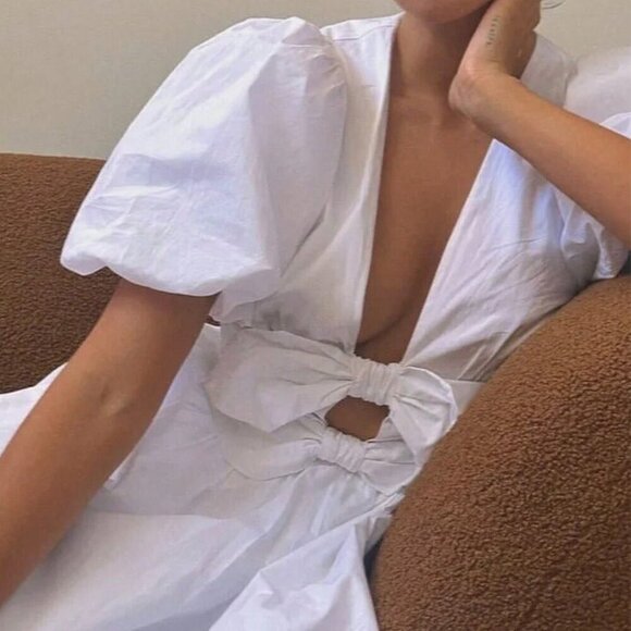 White Cute Women's Solid Short Sleeve Bow Decor Short Casual Sundress - Picture 2 of 3